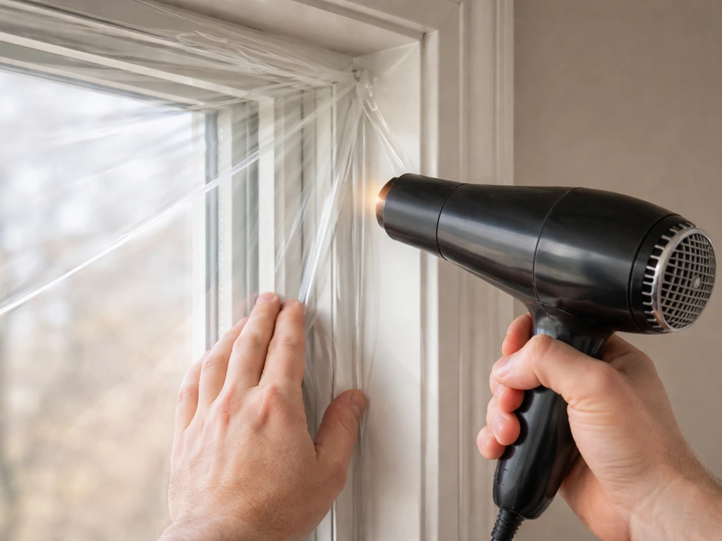 Hands using a hairdryer to shrink clear insulation film tightly around an interior window frame.