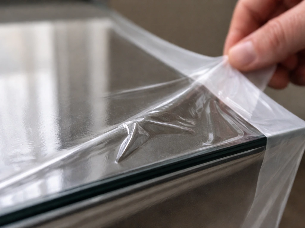 Close-up of clear film on glass with a large stubborn wrinkle near the corner tape line.