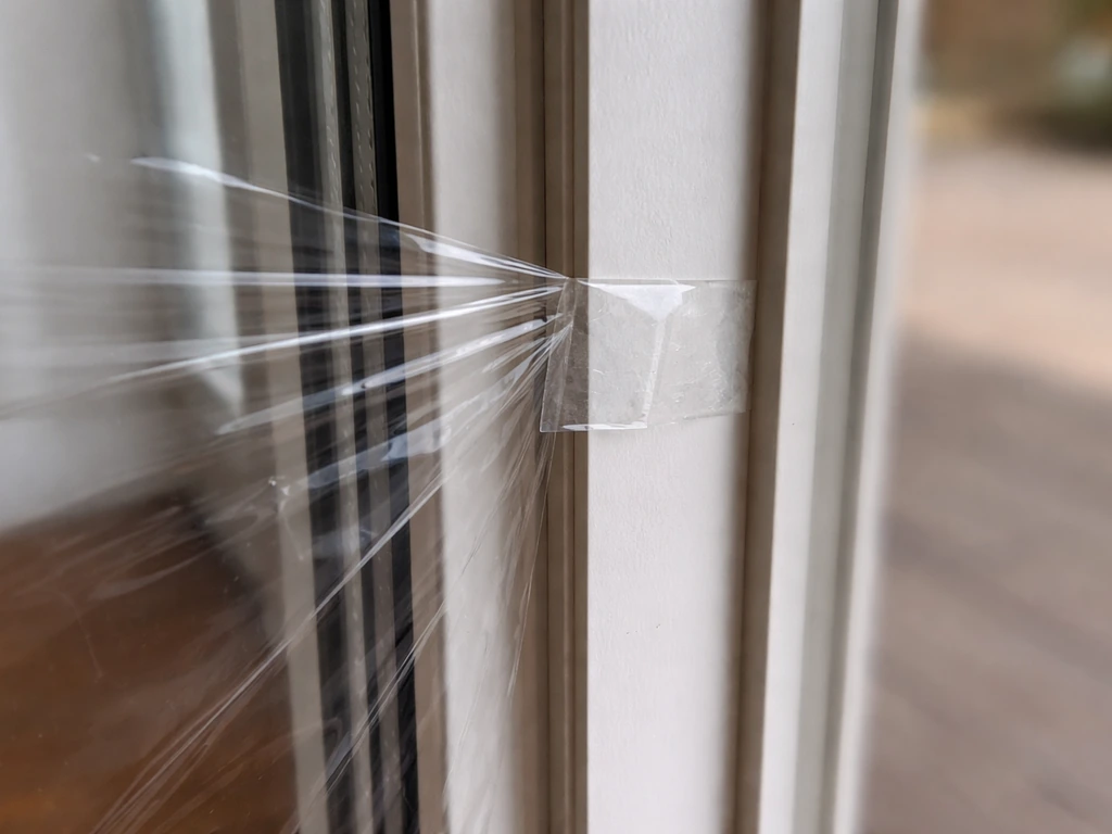 Close-up of shrink film at a door corner with a small extra tape patch to stop separation and restore seal.