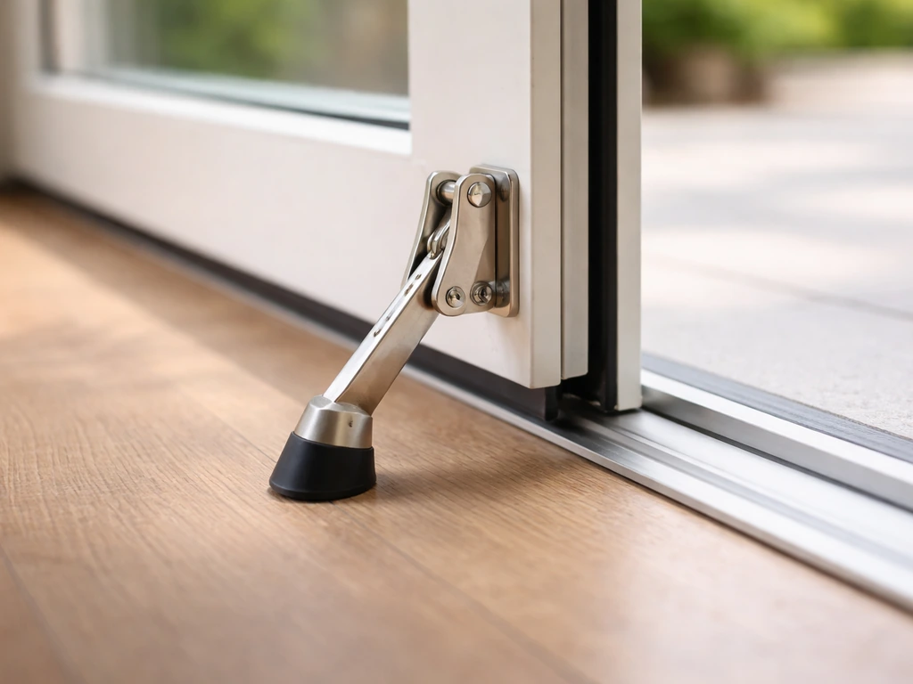 Floor-mounted plunger door stop holding a patio door open, rubber tip pressed against the door edge.