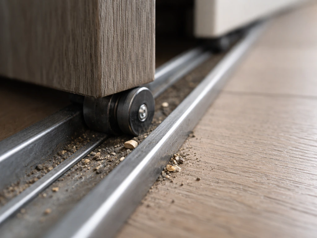Close-up of a sliding door bottom track with debris and a roller dragging unevenly as the door shifts.