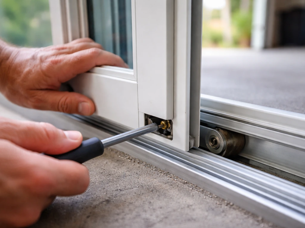 Hands using a flathead screwdriver to adjust a sliding glass door roller screw near the bottom track.