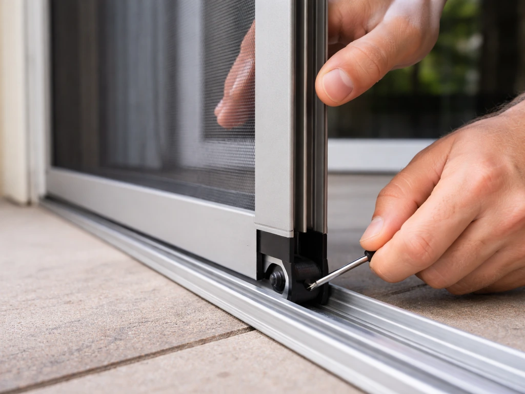Close-up of a sliding screen door bottom rollers in the track, with a hand adjusting alignment.