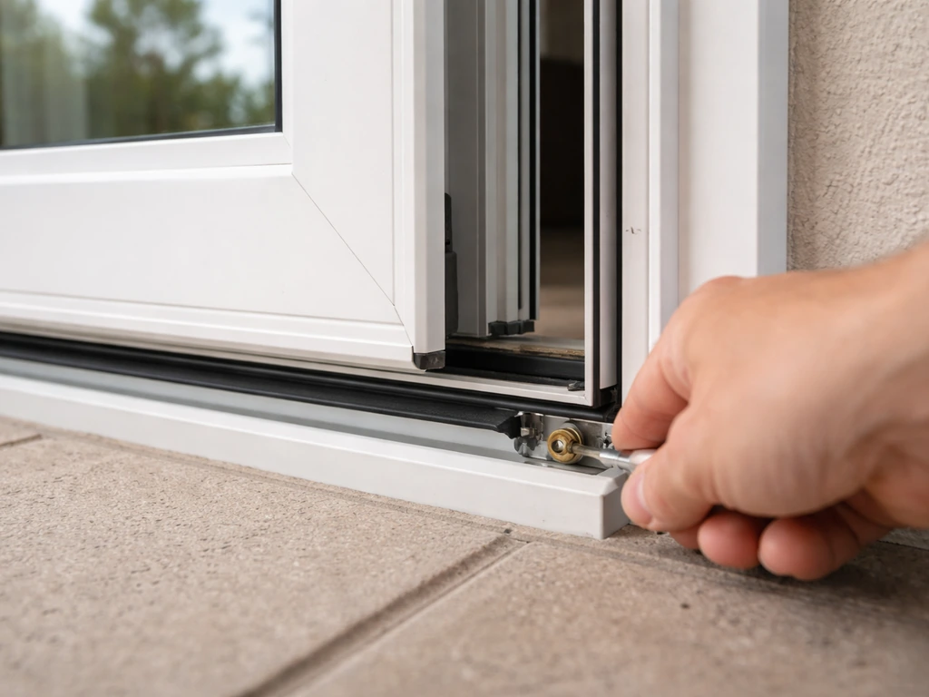 Close-up of a hand adjusting a sliding patio door, highlighting the gap at the top corner.