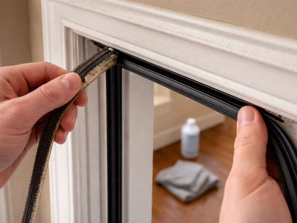 Hand presses new door-frame weatherstripping into channel on side jamb after removing old strip.