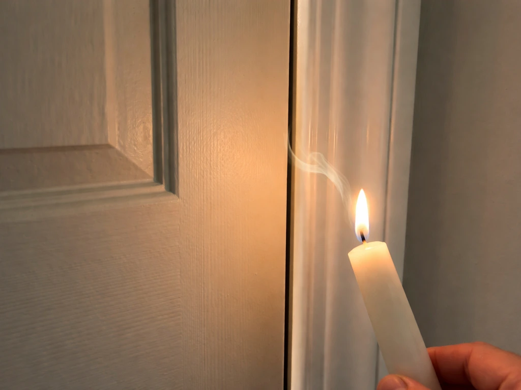 Lit candle near a door gap, with smoke wavering to show airflow before the draft is sealed.
