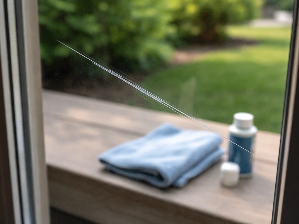 Close-up of a glass patio door with a visible scratch, with DIY items blurred nearby