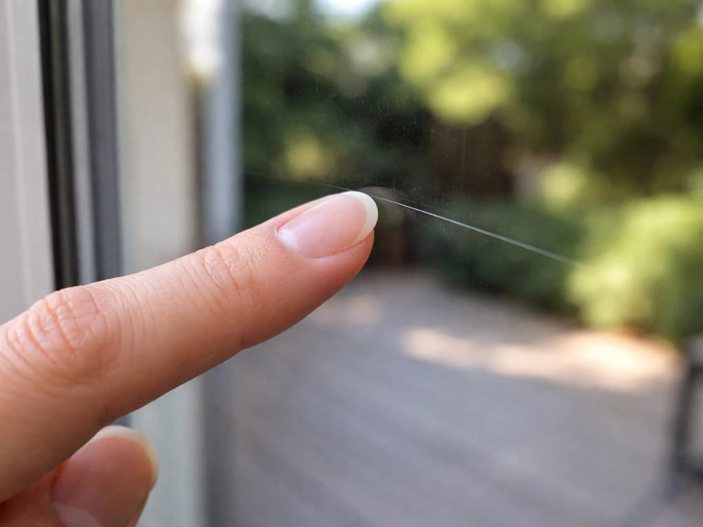 Hand running a fingernail across a scratch on a glass patio door to check if it catches