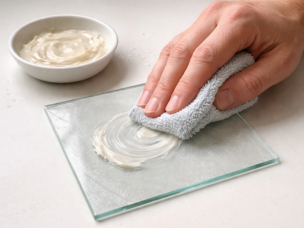 Cerium oxide paste being rubbed onto lightly scratched glass in a simple DIY setup