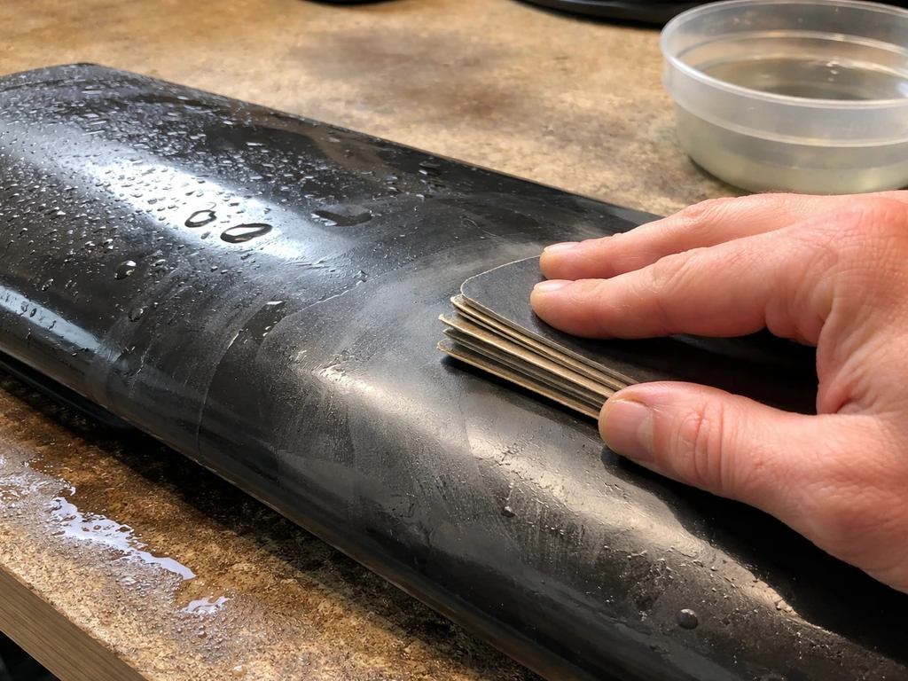 Close-up of wet sanding a scratched surface with finer wet-sanding sheets kept wet with water.