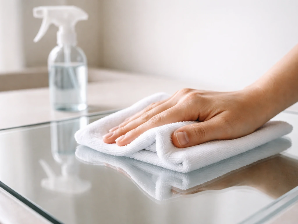 Microfiber cloth wiping a freshly polished glass surface, followed by clear glass cleaner