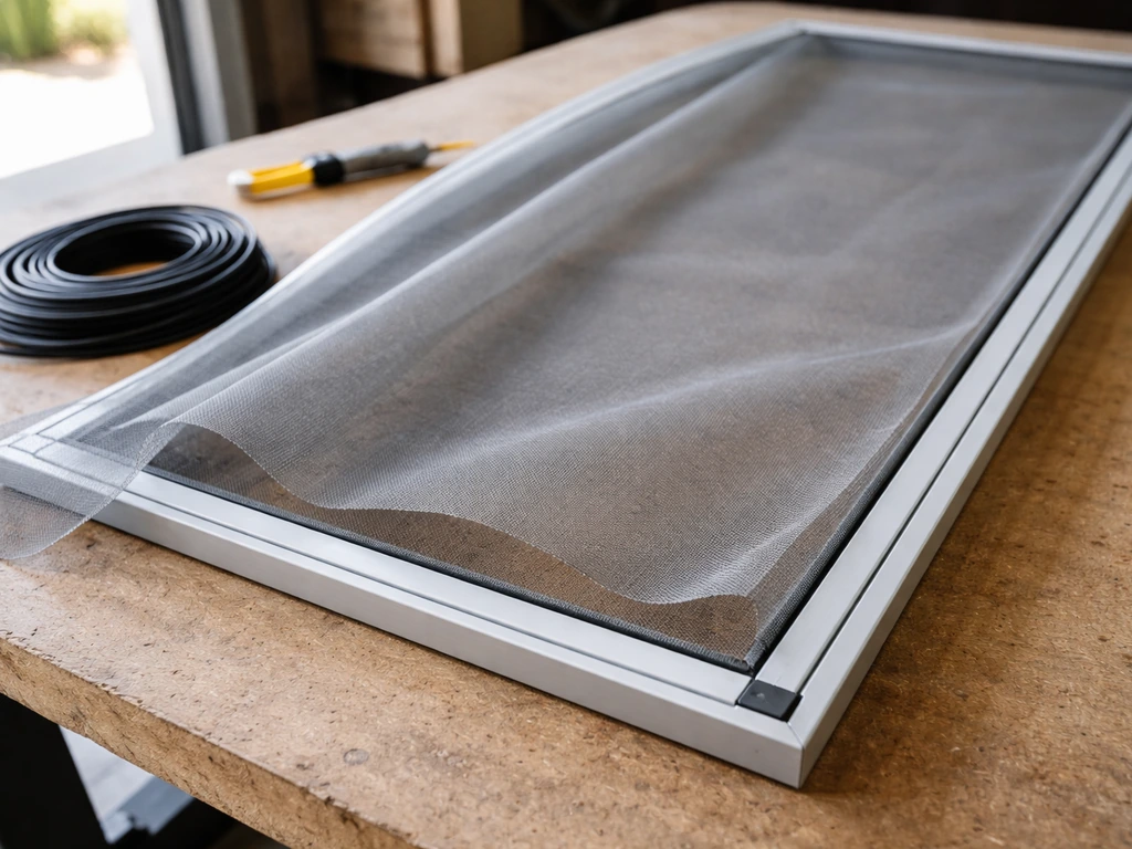 Patio screen door frame on a workbench with new screen mesh and spline laid out for DIY rescreening.