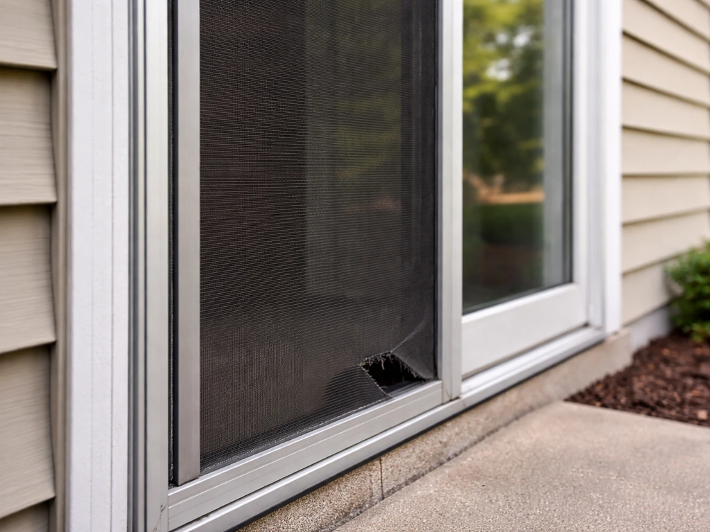 Patio screen door on a home exterior with a small visible tear/draft gap in the mesh