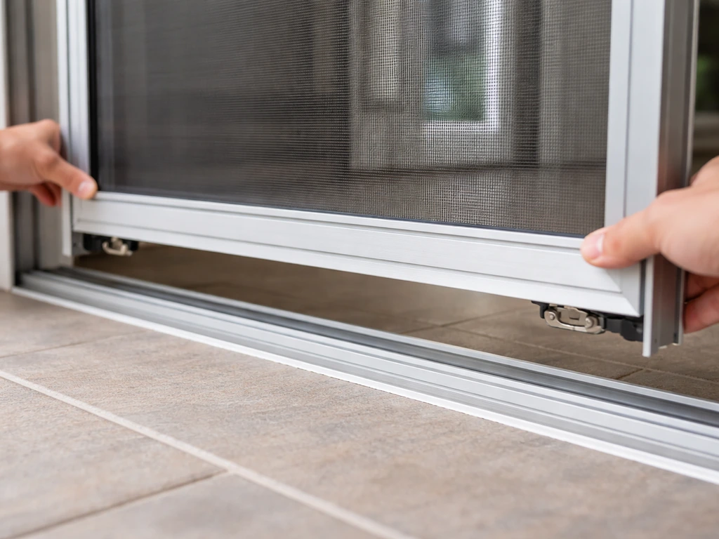 Close-up of a sliding patio screen door being lifted out of its track, showing rollers disengaged area.