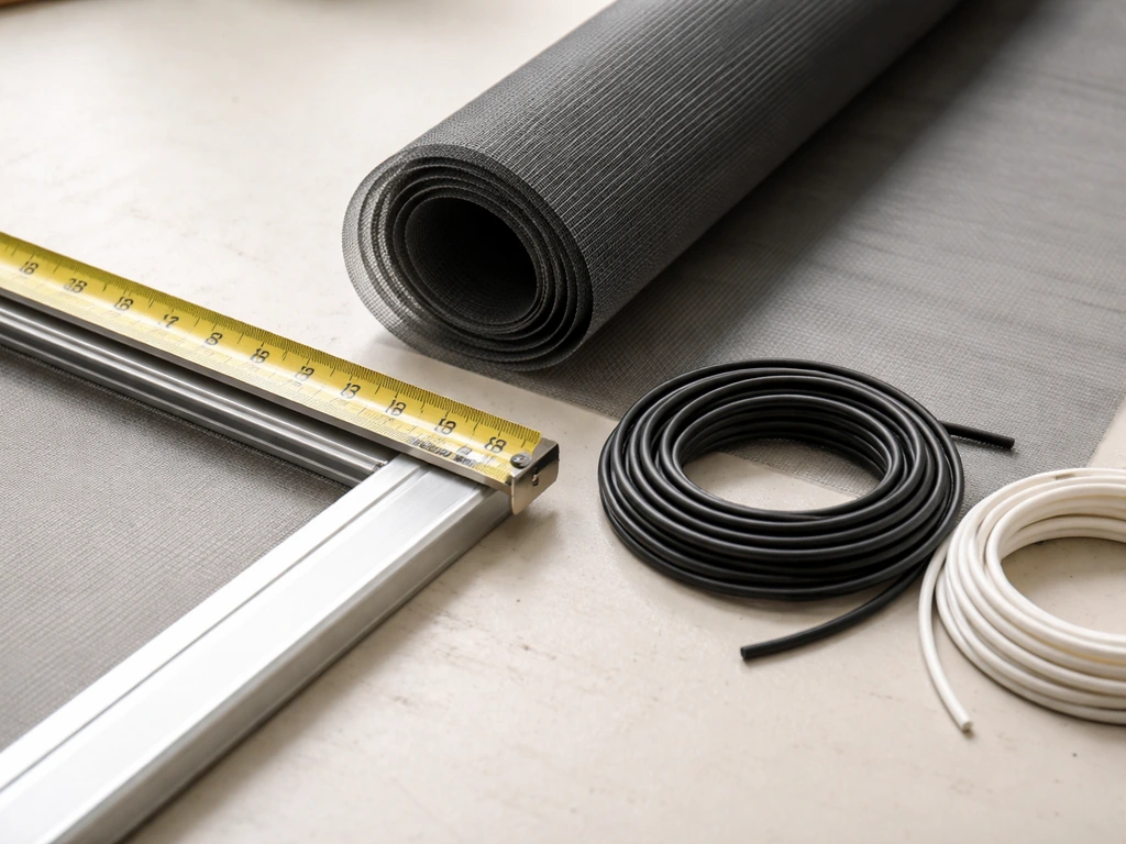 Measuring tape over a screen opening with screen mesh roll and spline/spool options on a workbench.