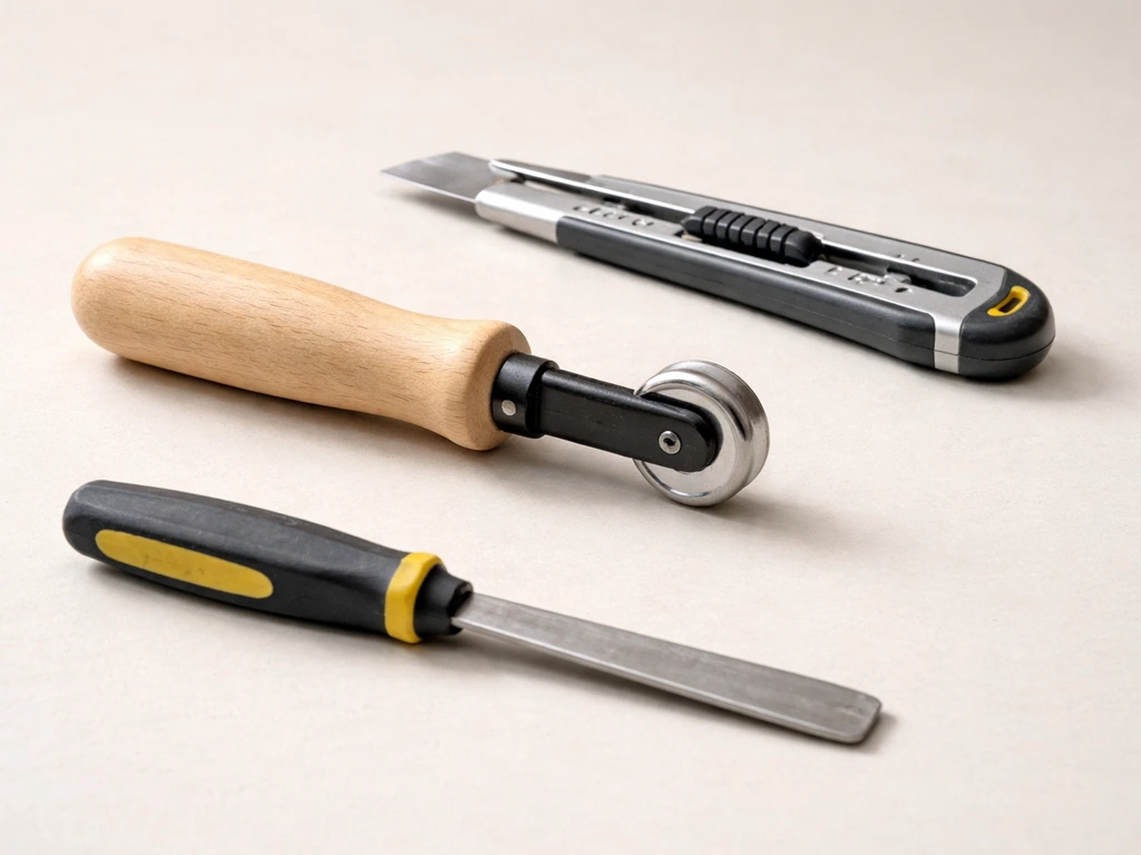 Three renovation tools on a clean workbench: spline roller, utility knife, and flathead screwdriver.