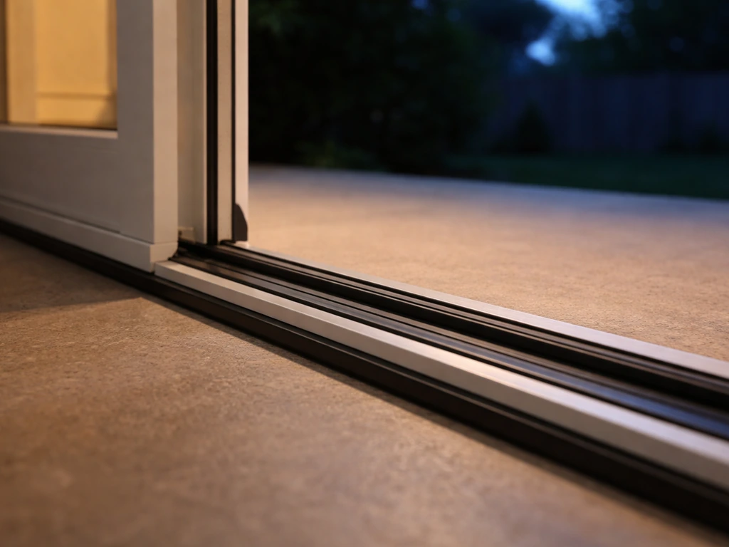 Dusk patio sliding door with a sealed threshold and visible door sweep/weatherstripping to block flies.