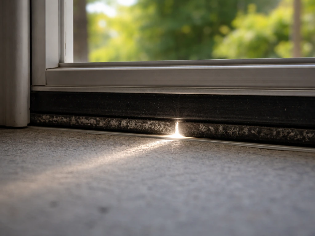 Close-up of a patio door bottom gap with daylight showing outside, suggesting where flies enter.