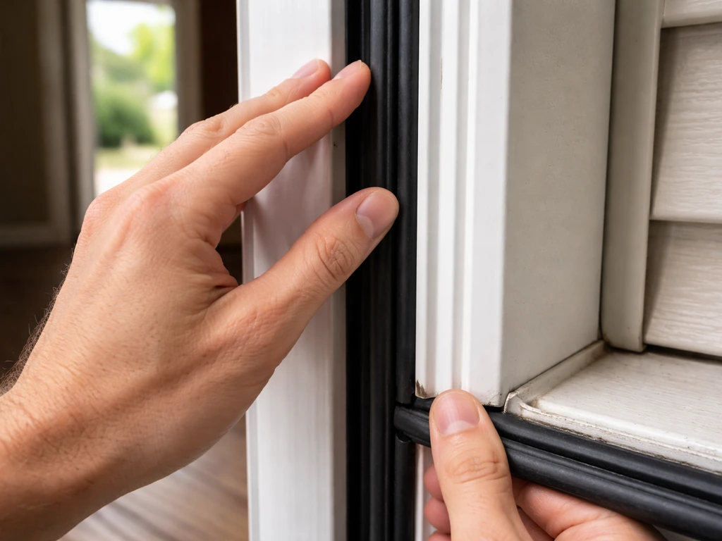 Close-up of fingers pressing weatherstripping around a closed door frame, showing springy compression.