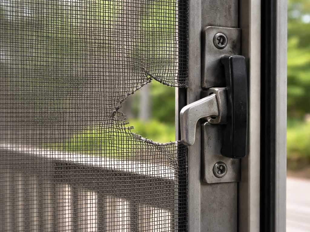 Close-up of a screen door latch area with a visible tear in the mesh and a small gap.