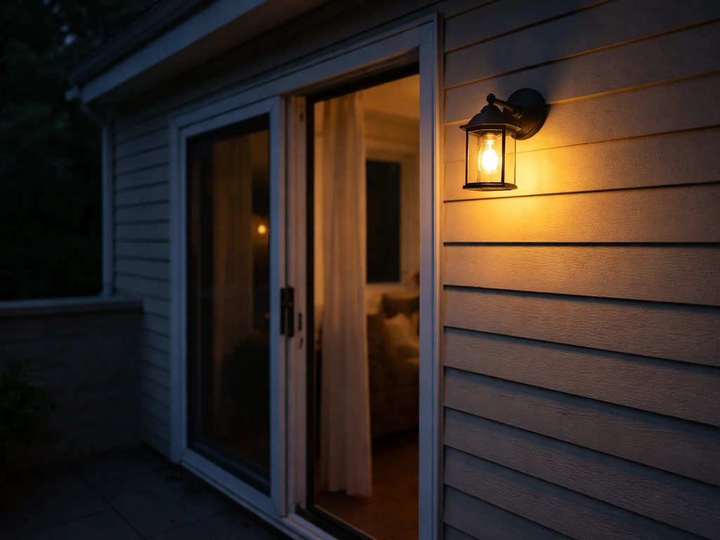 Warm yellow patio door light at dusk with soft glow aimed at the entry area to deter flies