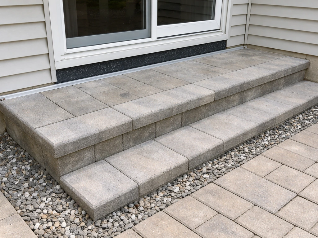 DIY patio door steps with finished exterior landing, weatherproofing-ready edges and drainage details