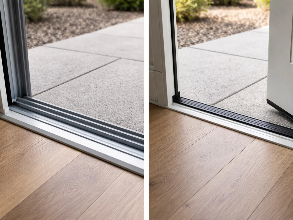 Close view of a sliding patio door track threshold next to a flat hinged-door landing surface for clearance.
