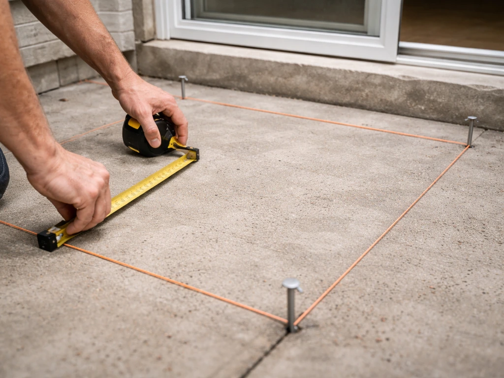 Close-up of a tape measure and string line with pegs marking a patio door step layout on concrete