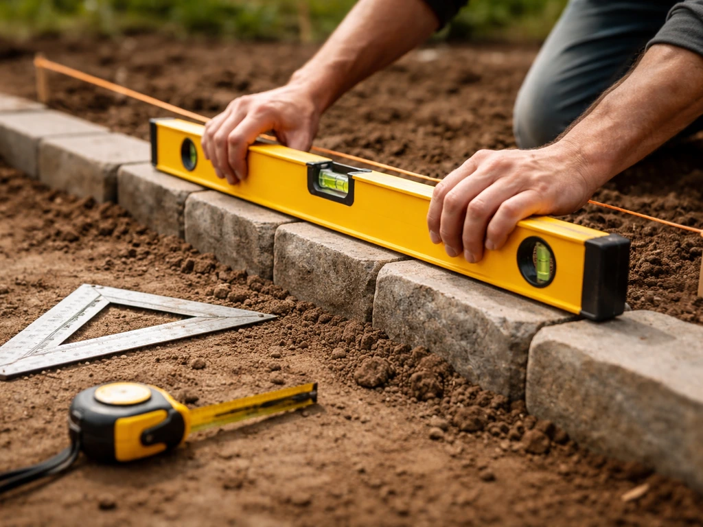 Hands using a long spirit level and string line to align outdoor step edging during construction.