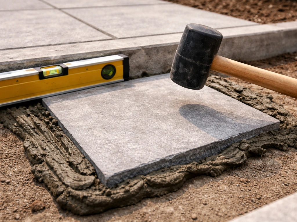 Rubber mallet tapping a paving slab set in a mortar bed on an outdoor landing, with a level nearby.