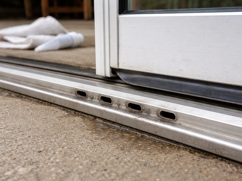 Close-up of a sliding patio door threshold and weep holes with water-diluted sealant, showing track drainage.