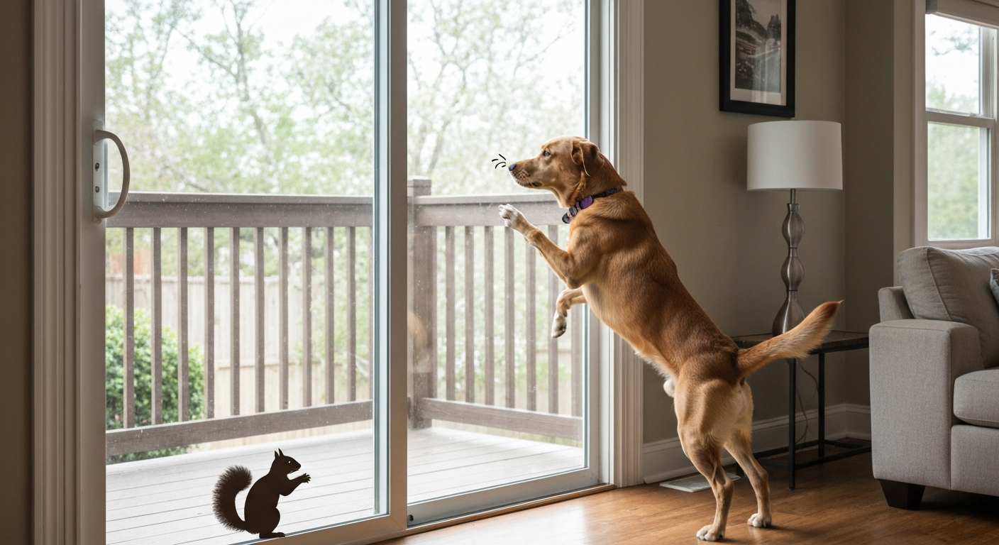 Medium-sized dog jumping and pawing at a sliding glass patio door with a squirrel visible outside.