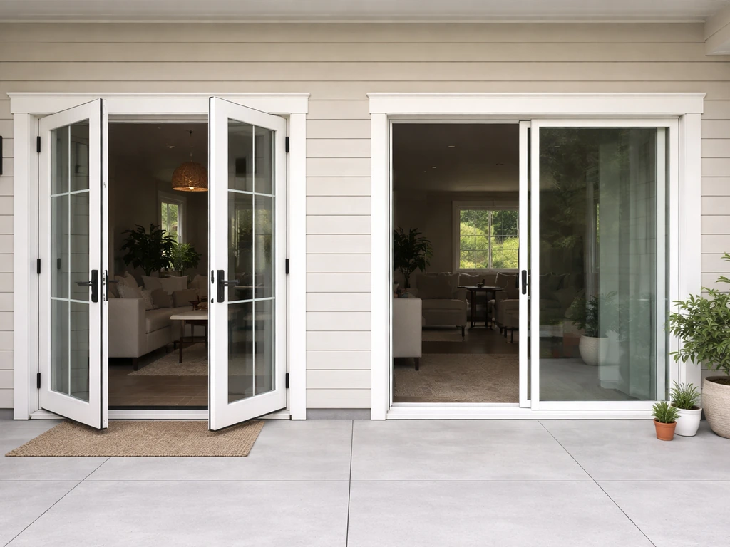 Split view of hinged French-style patio door panels and a sliding glass patio door in a minimal home entry.