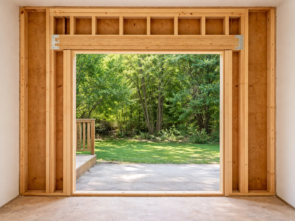 Close-up of patio door rough opening framed with king, jack, and cripple studs and an installed header