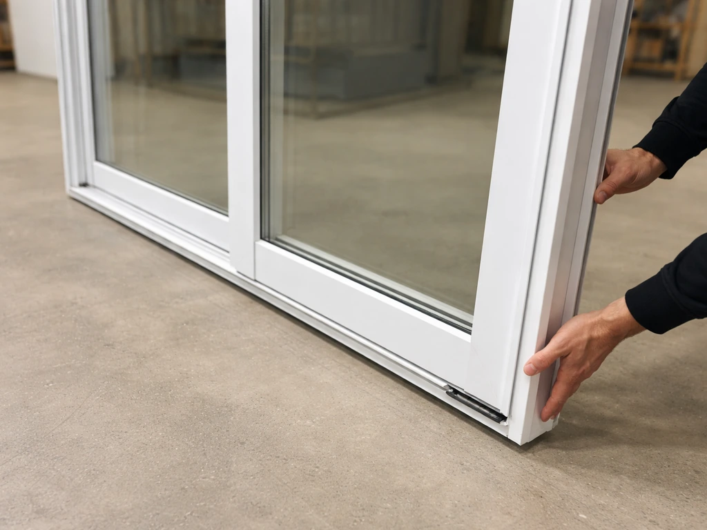 Hands checking the orientation and hardware of a pre-hung sliding patio door unit in a workshop