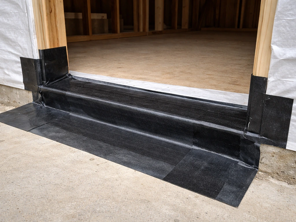 Close-up of a sill pan flashing membrane and house wrap layers at an exterior door threshold.