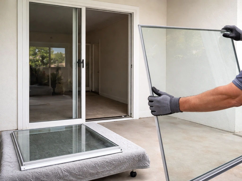 DIY repair scene: sliding patio door partially disassembled with broken glass removed and new pane being fitted.