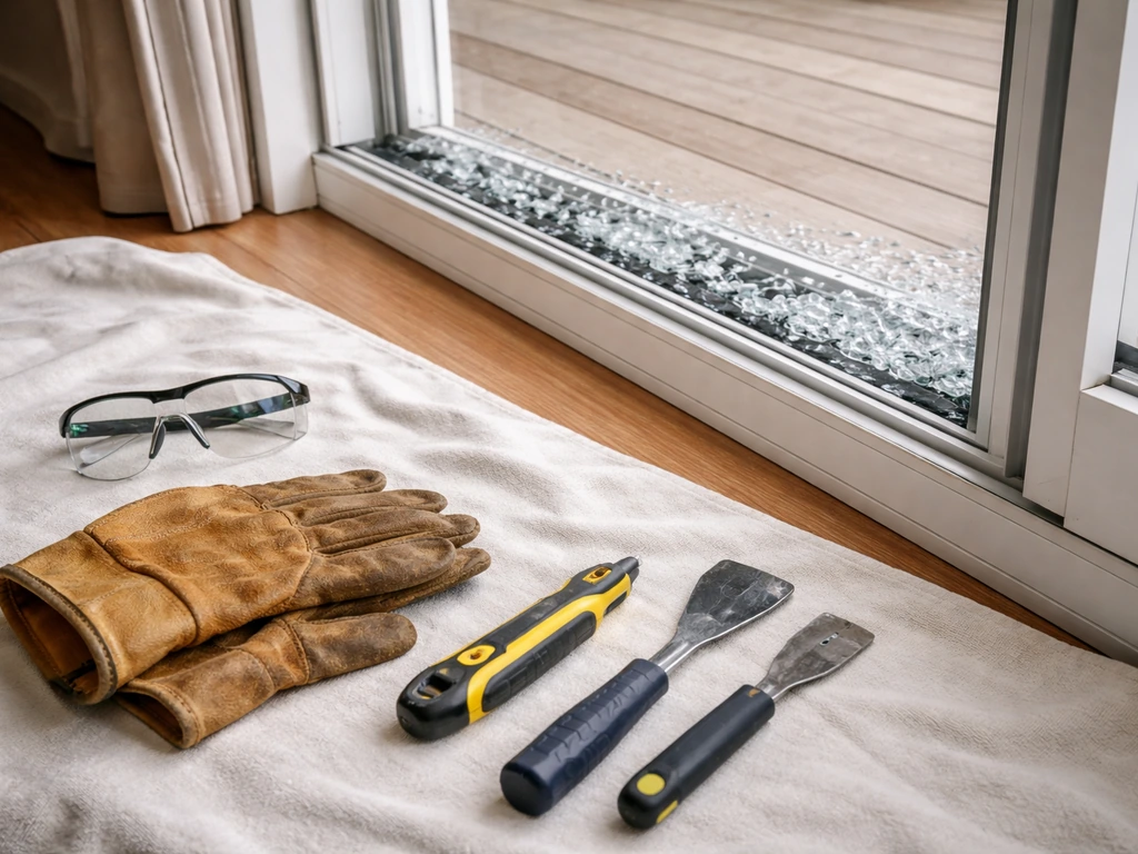 Gloved hands and safety glasses beside a sliding patio door panel with broken glass, ready for removal.