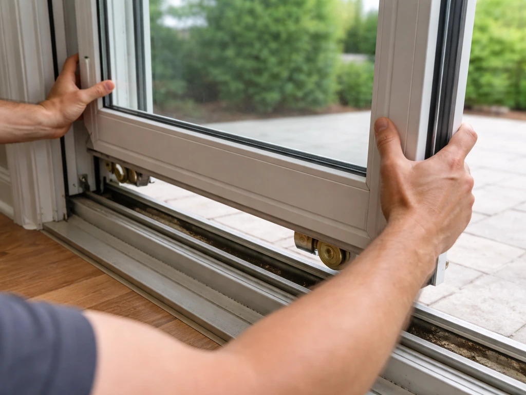 Hand lifting a sliding patio door panel off its track during glass replacement