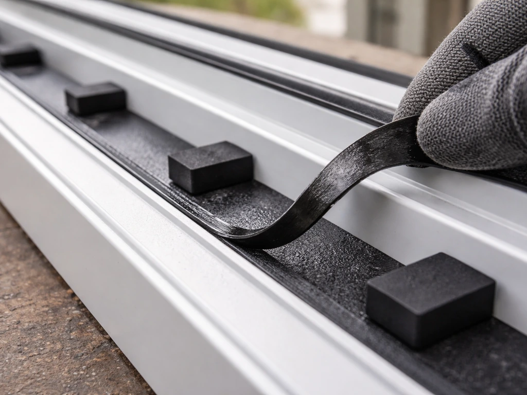 Close-up of setting blocks and fresh glazing tape placed in a window frame channel before installing glass.