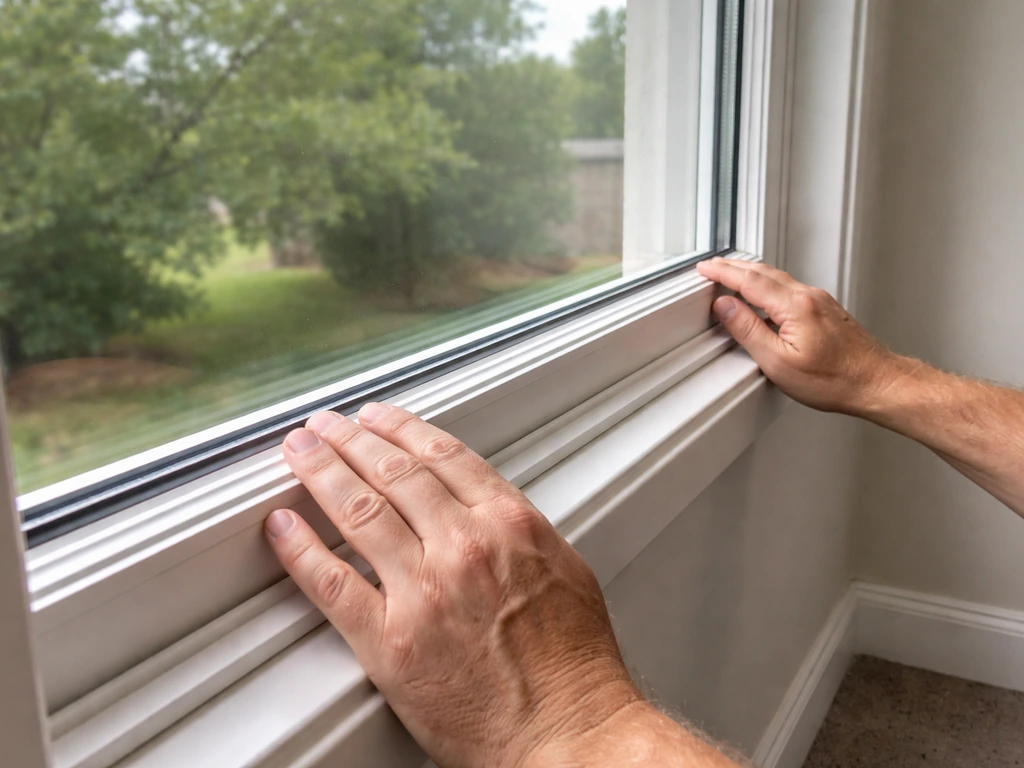 Hands reseating glazing beads around a newly reinstalled insulated glass unit in an open window frame.