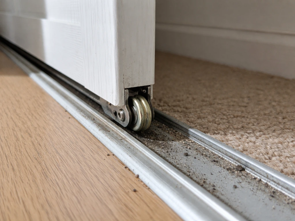 Close-up of a sliding door track with debris and a slightly misaligned roller dragging on the floor track.