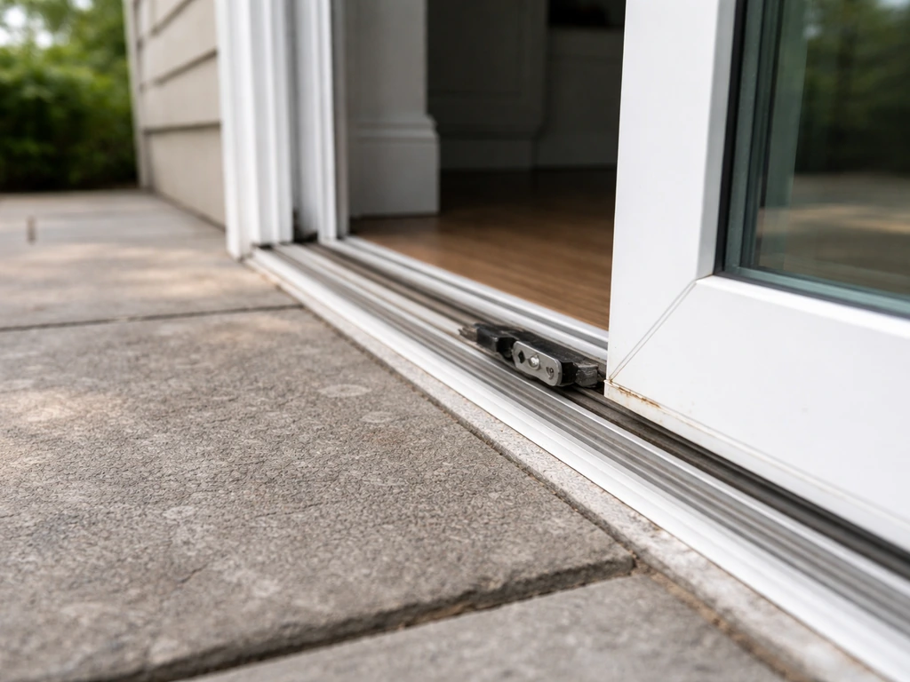 Well-lit patio sliding door slightly ajar, close view of the lower track suggesting it’s hard to open.