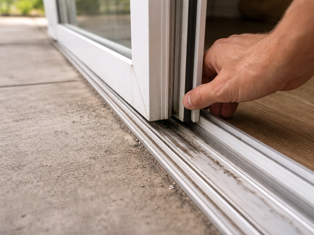 Hand slowly slides a patio door, showing the lower track where the door may grind or scrape.