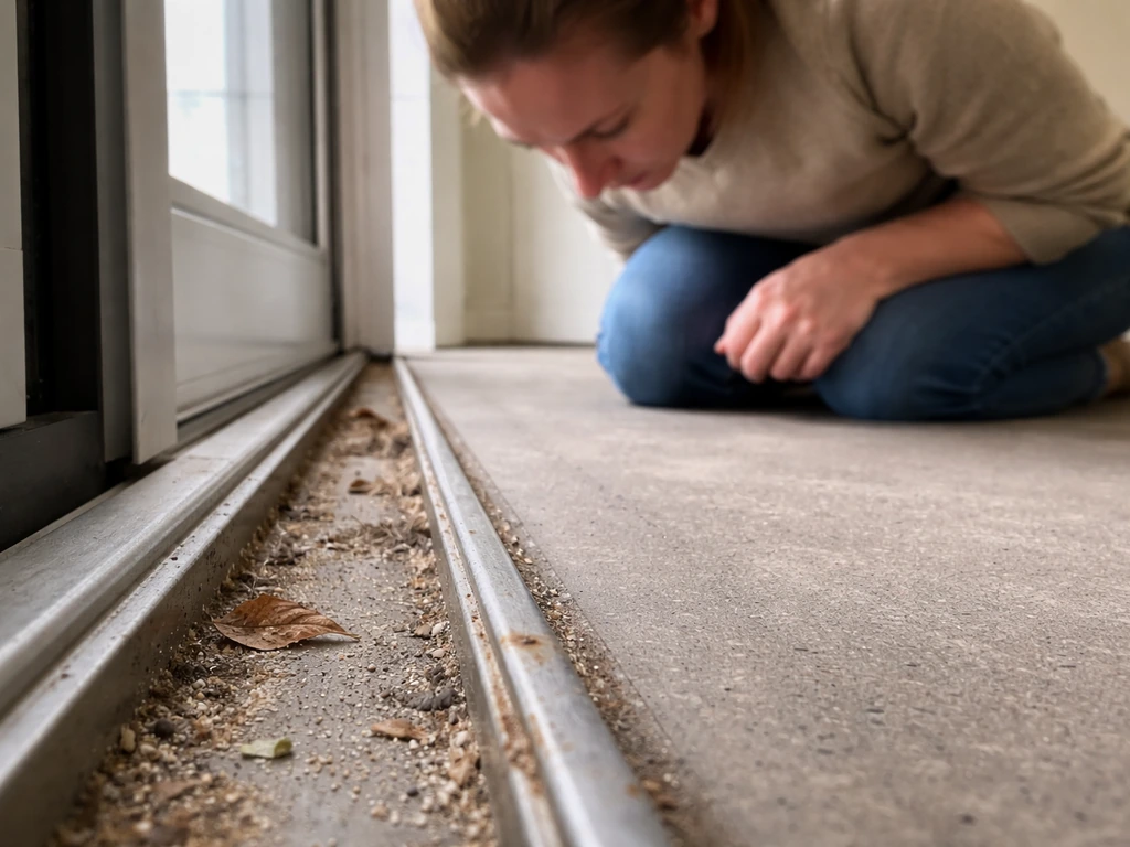 Person crouching to inspect a sliding door bottom track near the ground for debris and rust spots
