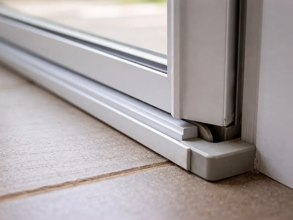 Close-up of a sliding door’s bottom gap showing uneven spacing between panel and frame.