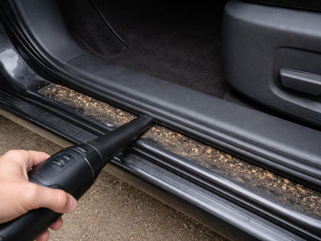 Hand vacuuming debris from an open car door bottom track using a crevice tool