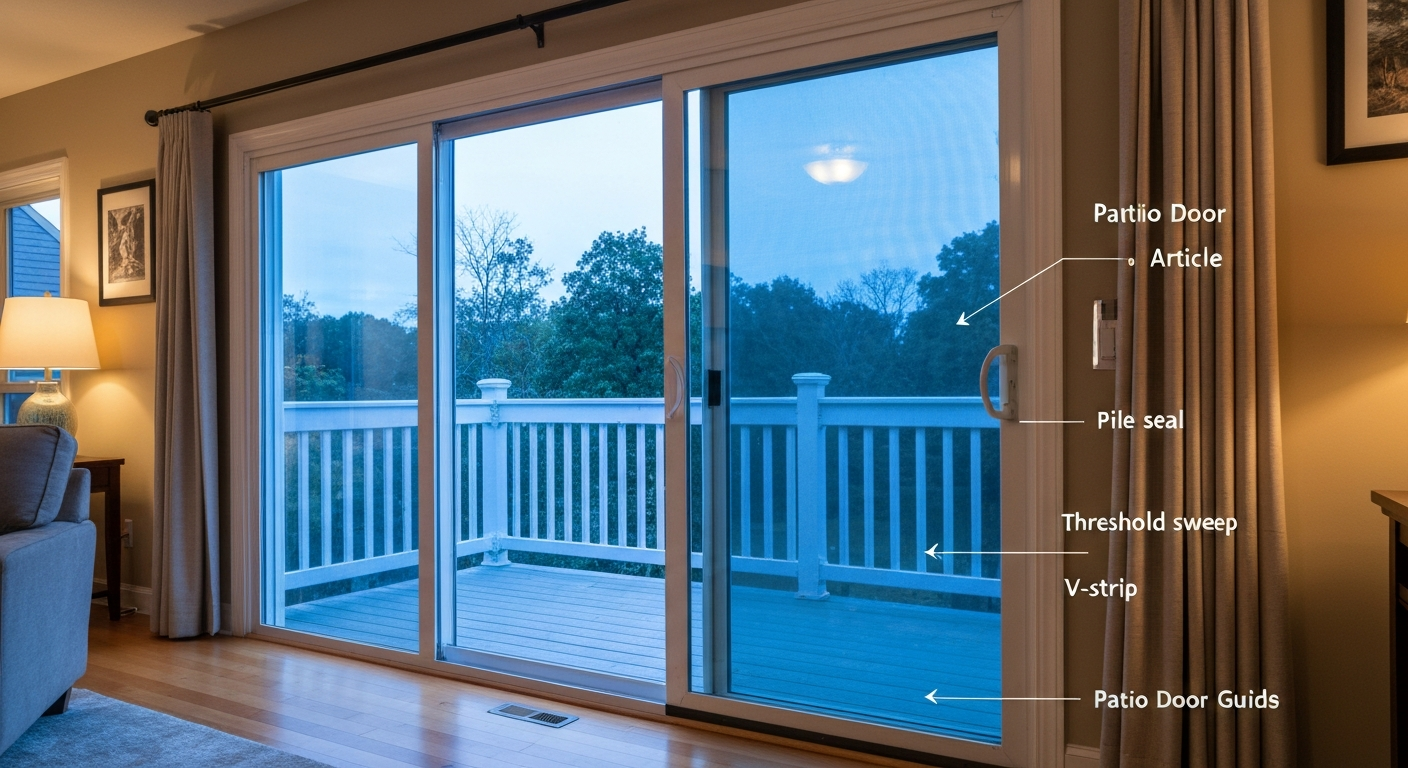 Interior view of sliding patio doors with new pile weatherstrip in the vertical channel, a threshold sweep at the bottom, and V-strip on the jamb; warm indoor light and cool exterior.