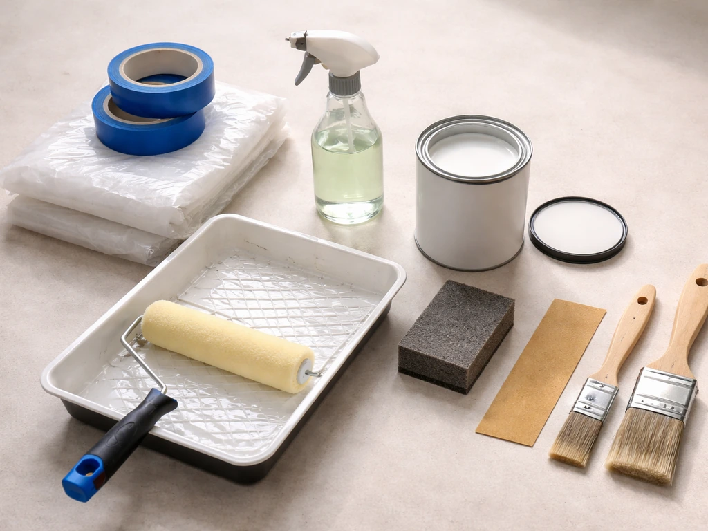 Supplies arranged on a worktable for painting a sliding patio door: tape, plastic, cleaner, sandpaper, primer/paint, rol