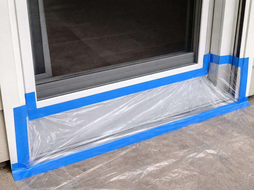 Patio door protected with clear plastic taped neatly over weatherstripping and the screen